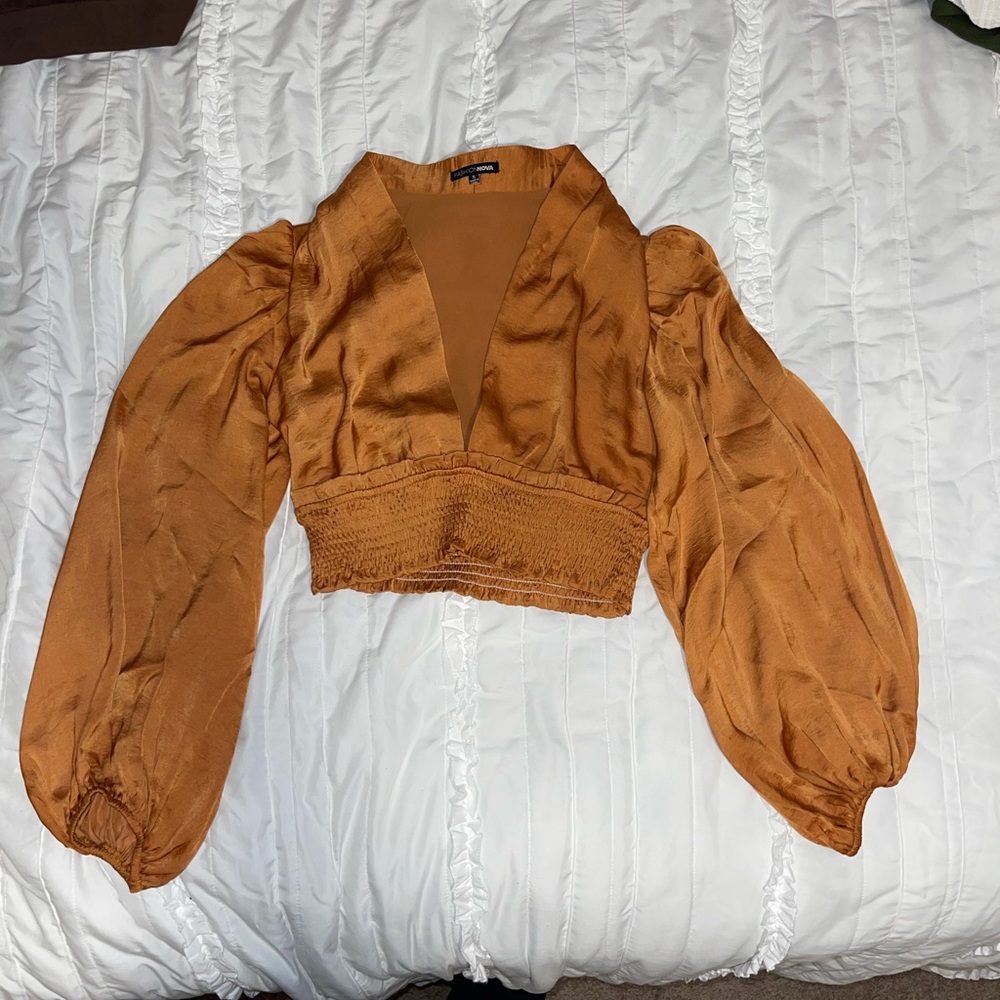 Rust orange v-neck satin blouse - Picture 5 of 8